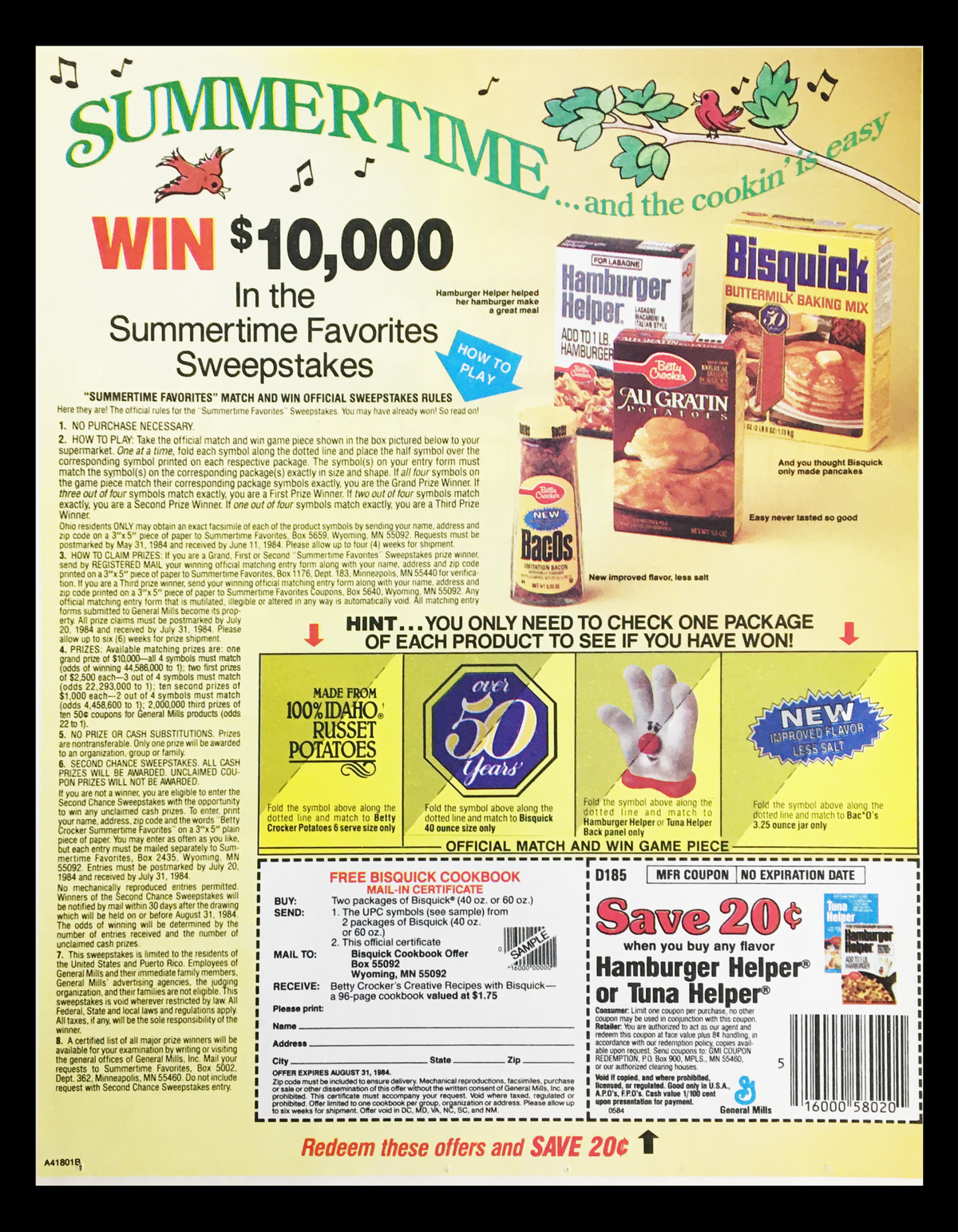 Summertime Favorites Sweepstakes advertisement showcasing various food products and a chance to win $10,000, along with coupon offers for Bisquick and Hamburger Helper, emphasizing summertime cooking.