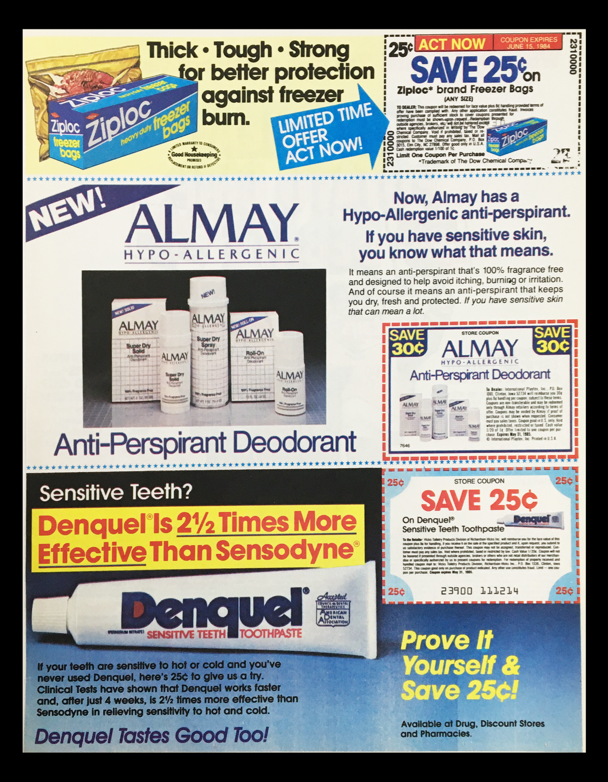 1984 advertisement for Almay Hypo-Allergenic Anti-Perspirant Deodorant and Denquel Sensitive Teeth Toothpaste with promotional savings offers.