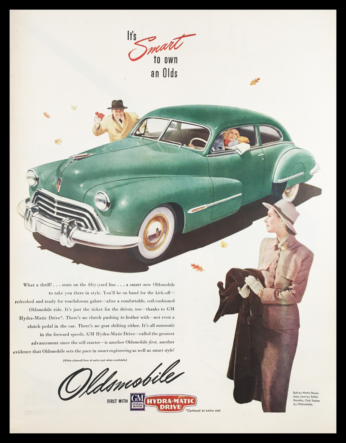 1947 Oldsmobile Hydra-Matic Drive Vintage Print Ad showcasing a stylish green Oldsmobile vehicle with a couple inside, highlighting the elegant design and revolutionary Hydra-Matic transmission, set in the 1940s.