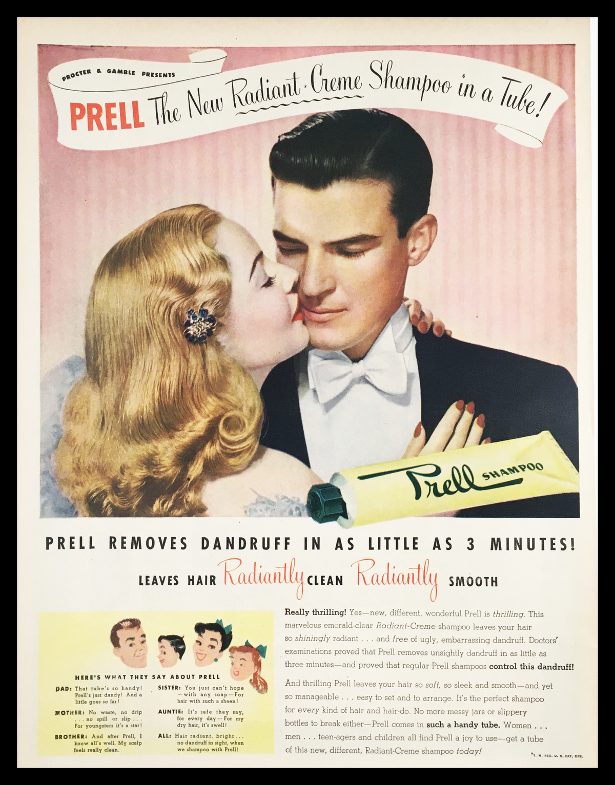 1947 Prell Radiant Creme Shampoo Vintage Print Ad featuring a couple with glamorous hair, promoting the shampoo's efficacy in removing dandruff and leaving hair radiant and smooth.