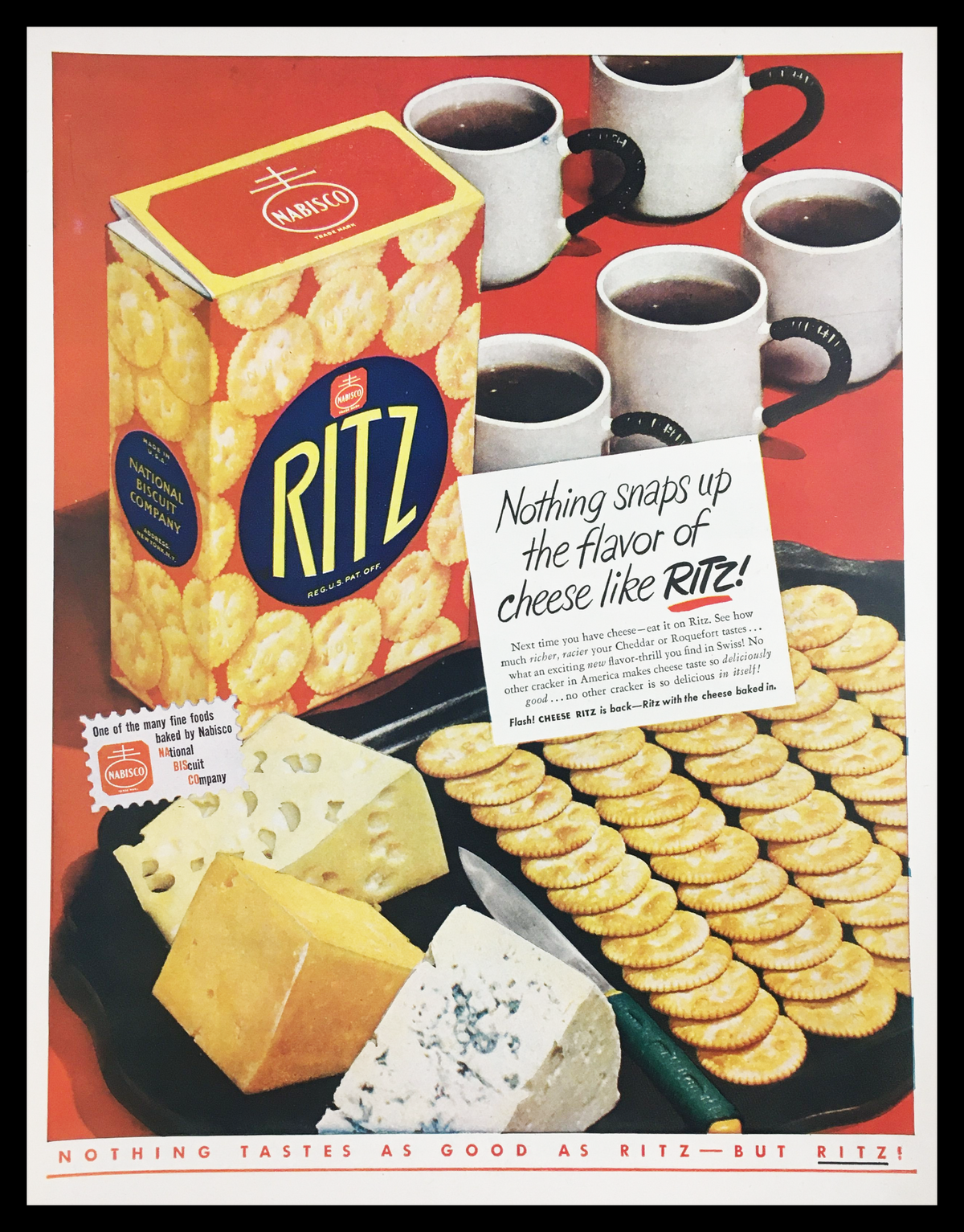 1947 Nabisco Ritz Biscuits Vintage Print Ad featuring a colorful display of Ritz cracker boxes, assorted cheeses, and mugs, emphasizing the tagline 'Nothing snaps up the flavor of cheese like Ritz!' This advertisement captures the essence of mid-century marketing and nostalgia.