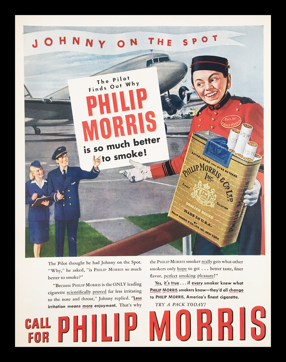 1947 Philip Morris & Co. Ltd. Inc. Cigarettes Vintage Print Ad featuring a cheerful airline hostess promoting Philip Morris cigarettes with a box in hand, while standing near a vintage airplane. The ad highlights the tagline 'Johnny on the Spot' and suggests Philip Morris as the preferred choice for smoking.