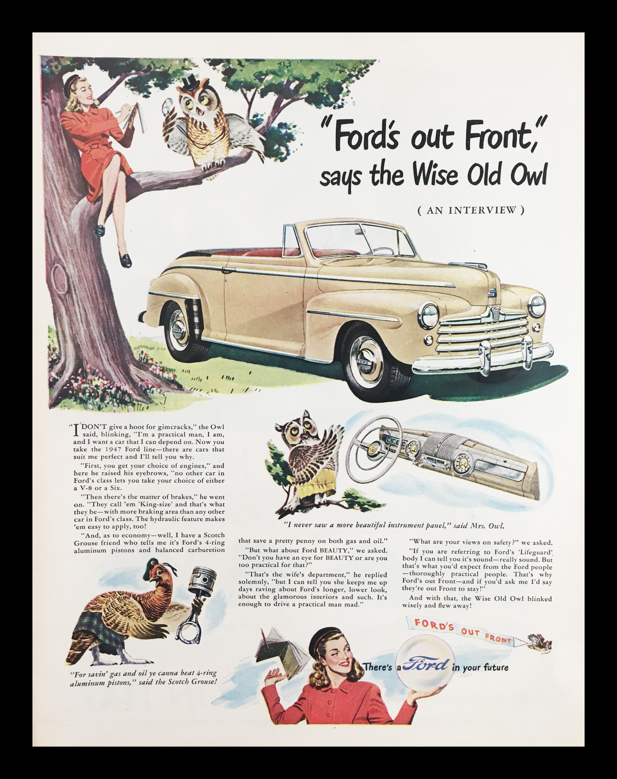 1947 Ford Instrumental Panel Vintage Print Ad featuring a classic convertible car, iconic automotive design elements, and an illustration of an owl, emphasizing retro aesthetics and post-war innovation.