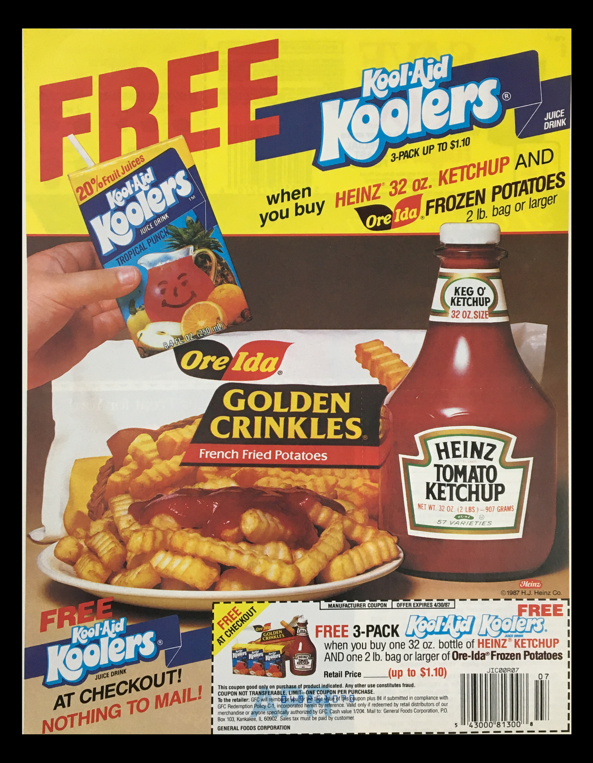 1987 Heinz Tomato Ketchup FREE Kool-Aid Coolers Circular Coupon Advertisement featuring a vibrant design with the Kool-Aid logo, a bottle of Heinz Tomato Ketchup, and promotional details on purchasing Ore-Ida frozen potatoes. This vintage advertisement captures the essence of 1980s marketing with enticing imagery and offers, perfect for collectors.