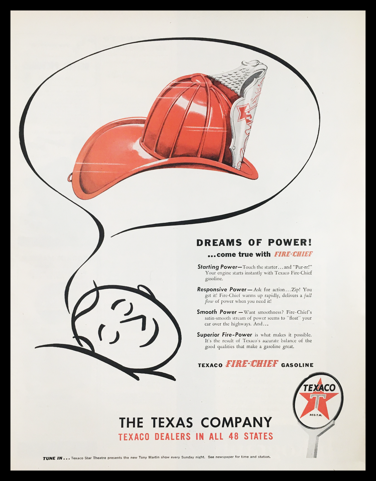 1947 Texaco Dealers Texas Company Vintage Print Ad featuring a striking red Fire-Chief hat and a dream-like thought bubble. The advertisement emphasizes Texaco's gasoline and quality service, capturing mid-20th century Americana.