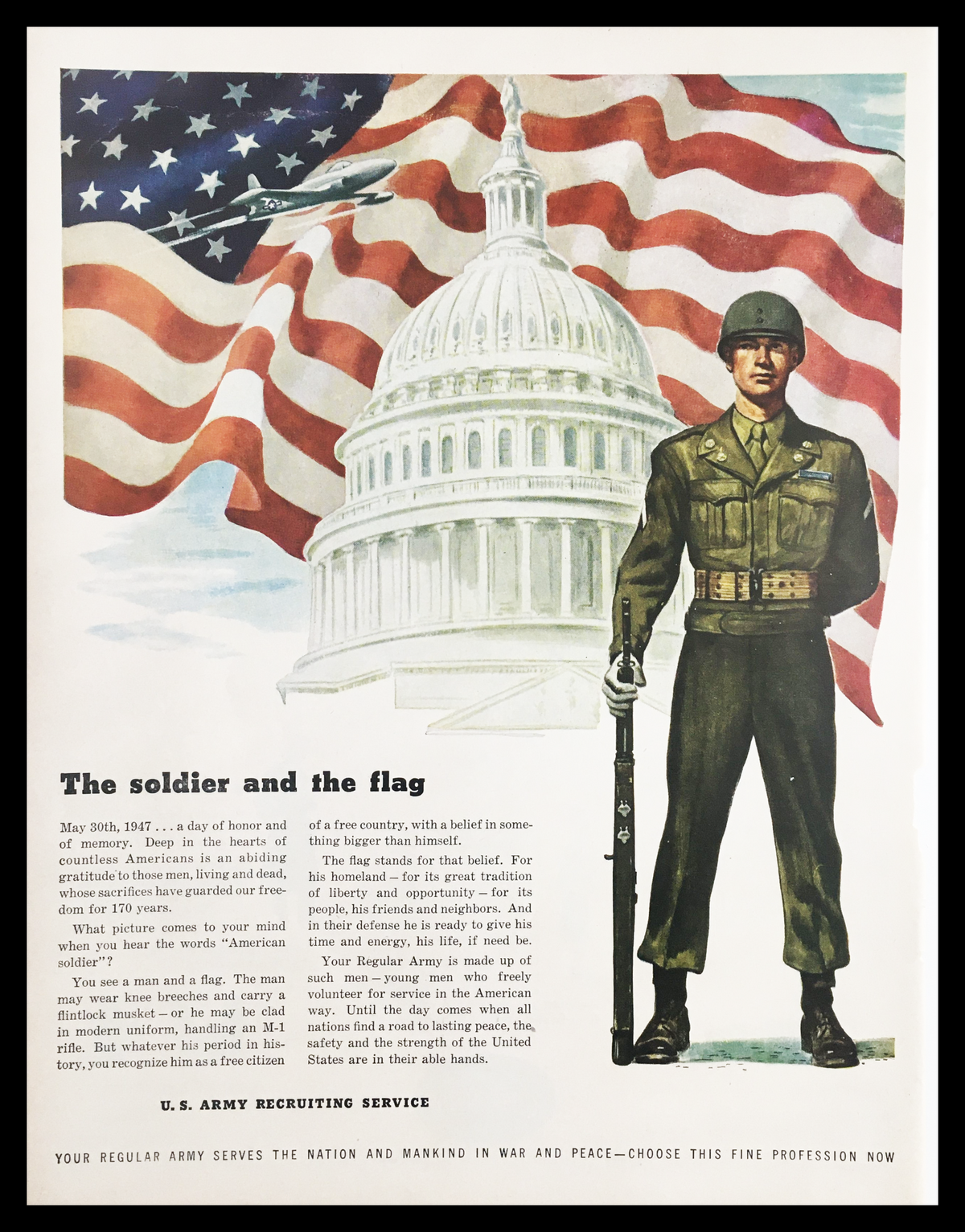 1947 U.S. Army Recruiting Service Vintage Print Ad featuring a soldier standing in front of the U.S. Capitol, showcasing patriotism with an American flag backdrop. This historically significant advertisement emphasizes military service and recruitment during the post-World War II era.