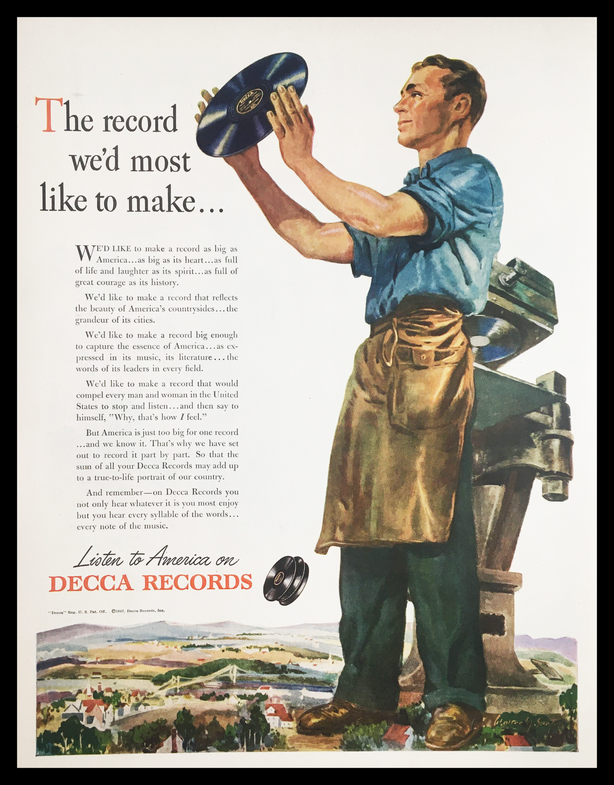 1947 Decca Records Listen to America vintage print ad featuring a man holding a vinyl record, showcasing mid-20th century advertising design and the cultural significance of music in America.
