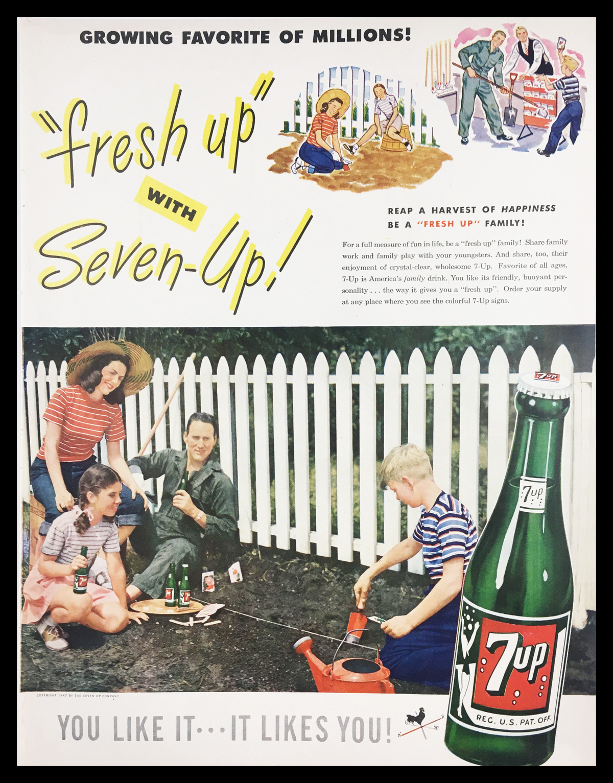 1947 Fresh Up with Seven Up Vintage Print Ad featuring a vibrant scene of a family enjoying outdoor activities with Seven Up beverages. The advertisement showcases retro graphics and a lively backyard atmosphere, capturing the spirit of post-war America and the iconic Seven Up brand.