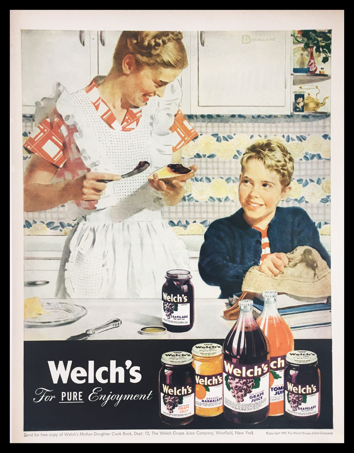 1947 Welch's Pure Enjoyment Fruit Juice Vintage Print Ad featuring a woman serving fruit juice to a smiling boy in a kitchen setting, showcasing vintage advertising design and nostalgic charm.