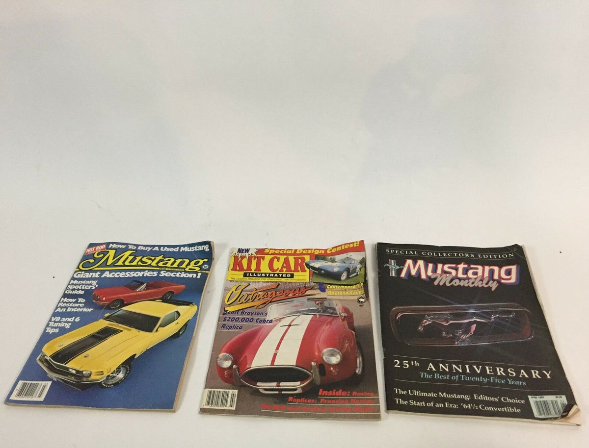 Vintage magazines featuring a collection of classic car culture: Hot Rod Magazine's Mustang No. 3, Kit Car Illustrated, and Mustang Monthly 25th Anniversary edition.