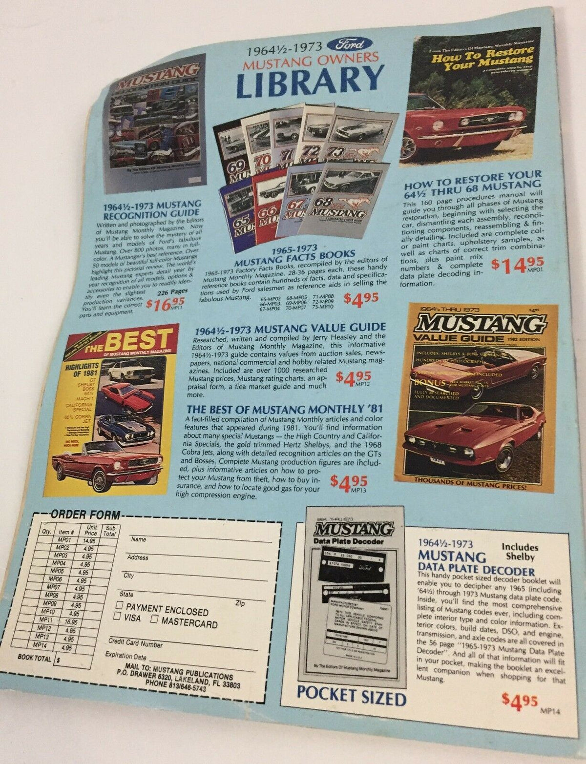 Page from Mustang Owners Library showcasing various Mustang-related guides and products, included in the lot of 3 vintage magazines: Hot Rod Magazine, Kit Car Illustrated & Mustang Monthly - 25th Anniversary.