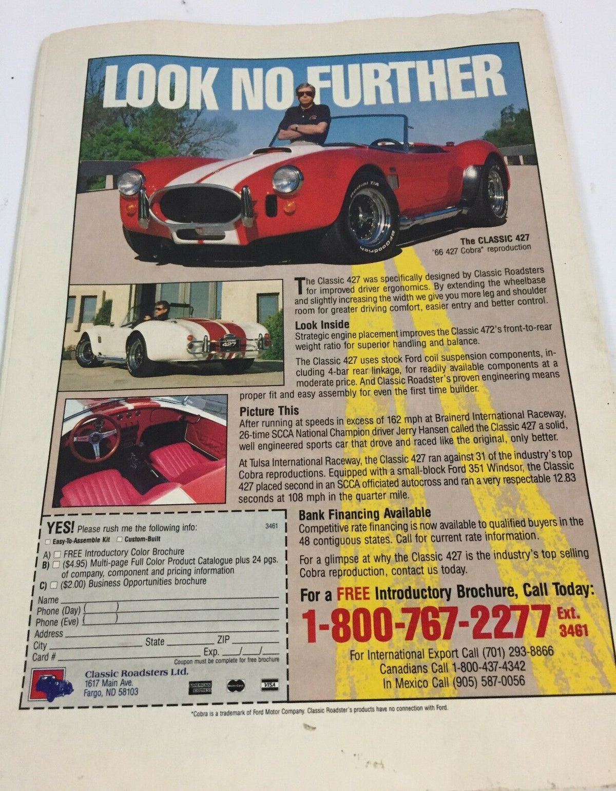 Back cover of a vintage brochure for Classic 427 Cobra reproduction cars, part of the lot of 3 vintage magazines: Hot Rod Magazine, Kit Car Illustrated & Mustang Monthly - 25th Anniversary.