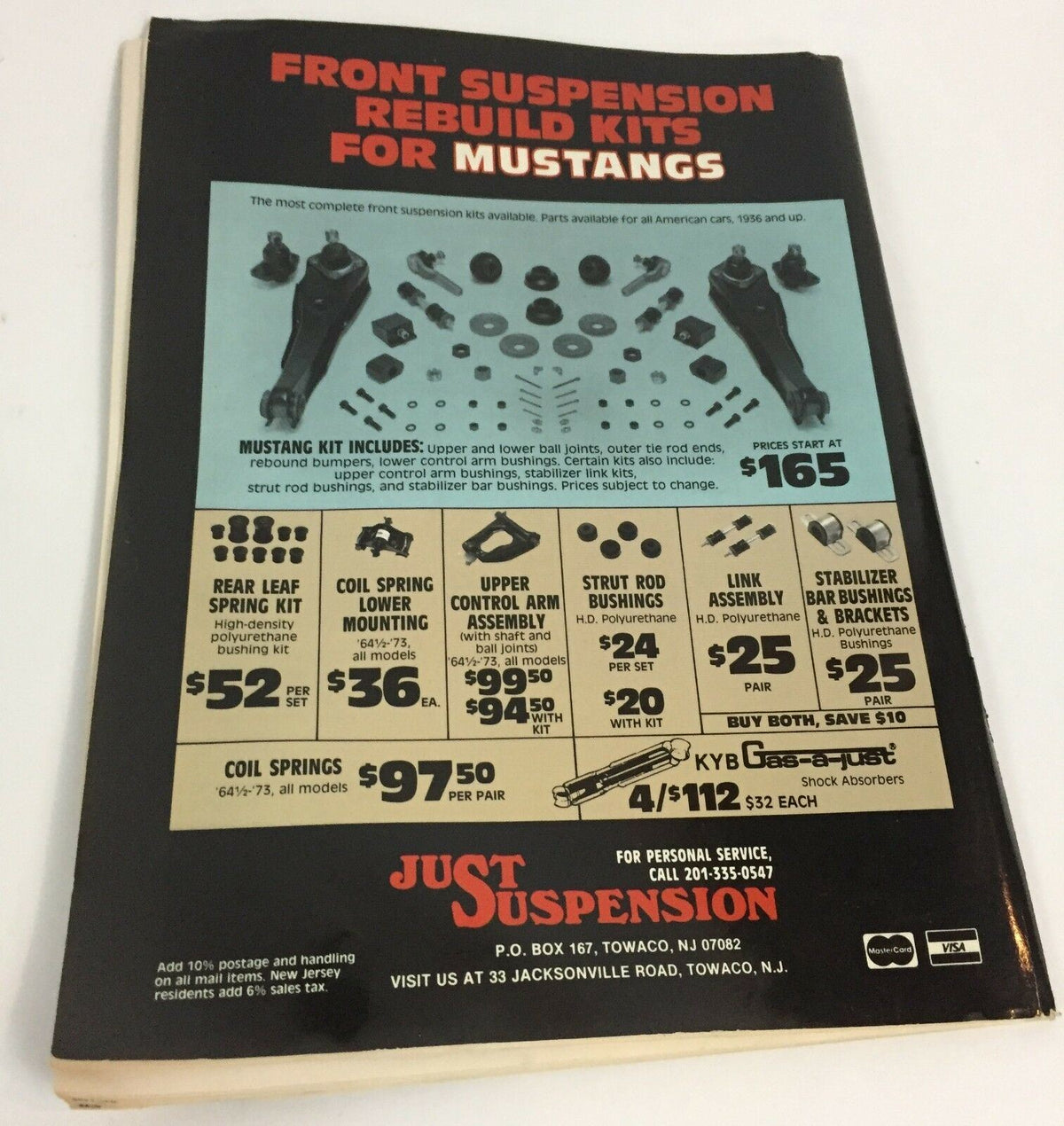 Back cover of Just Suspension magazine featuring Mustang suspension rebuild kits, included in the lot of 3 vintage magazines: Hot Rod Magazine, Kit Car Illustrated & Mustang Monthly - 25th Anniversary.