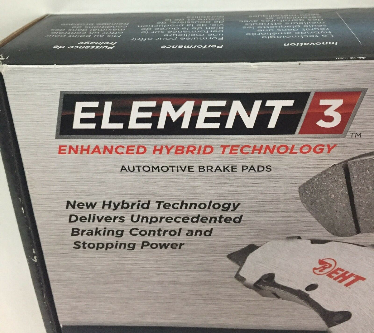Close-up of Raybestos EHT1340H Enhanced Technology Friction Pads Brake Pad Set packaging highlighting the new hybrid technology for superior braking control.