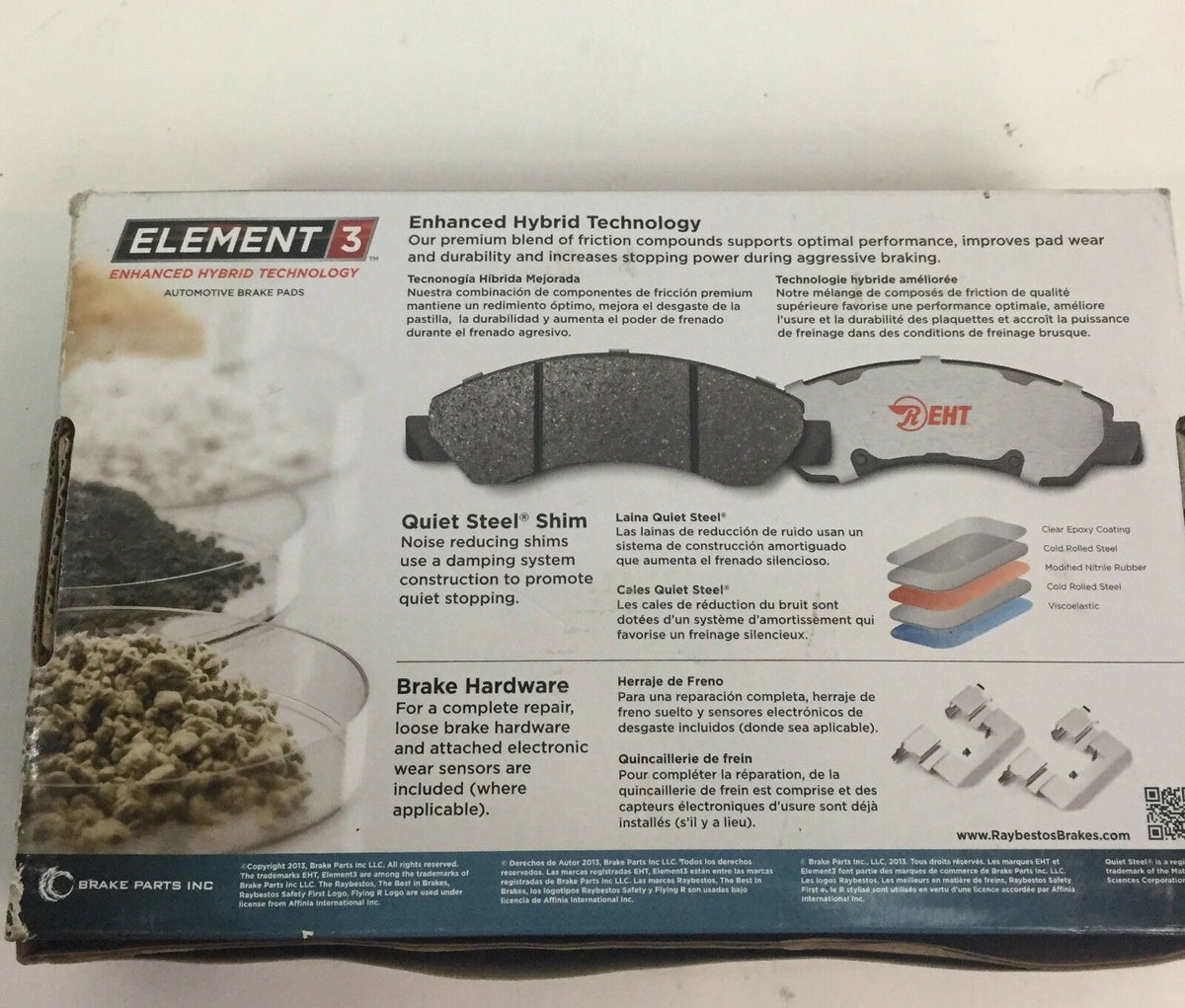 Back of Raybestos EHT1340H Enhanced Technology Friction Pads Brake Pad Set packaging detailing features like Quiet Steel Shims and advanced hybrid technology.