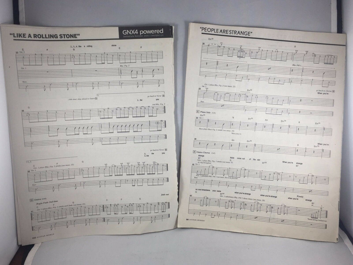 Music Lover's Lot of 2 'Guitar Legends' and 'Guitar World' Excerpts showcasing sheet music for iconic songs 'Like a Rolling Stone' and 'People Are Strange', essential for vintage music collectors.