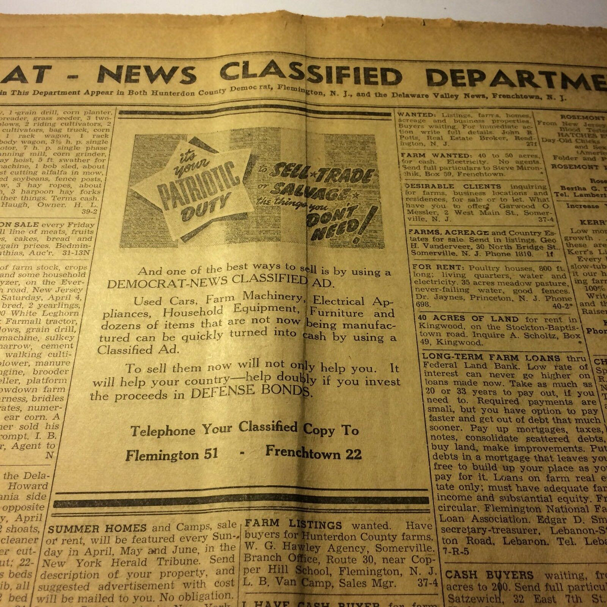 Hunterdon County Democrat NJ Archives, March 26, 1942 - a vintage newspaper classified section featuring ads for used cars, farm machinery, and household appliances.