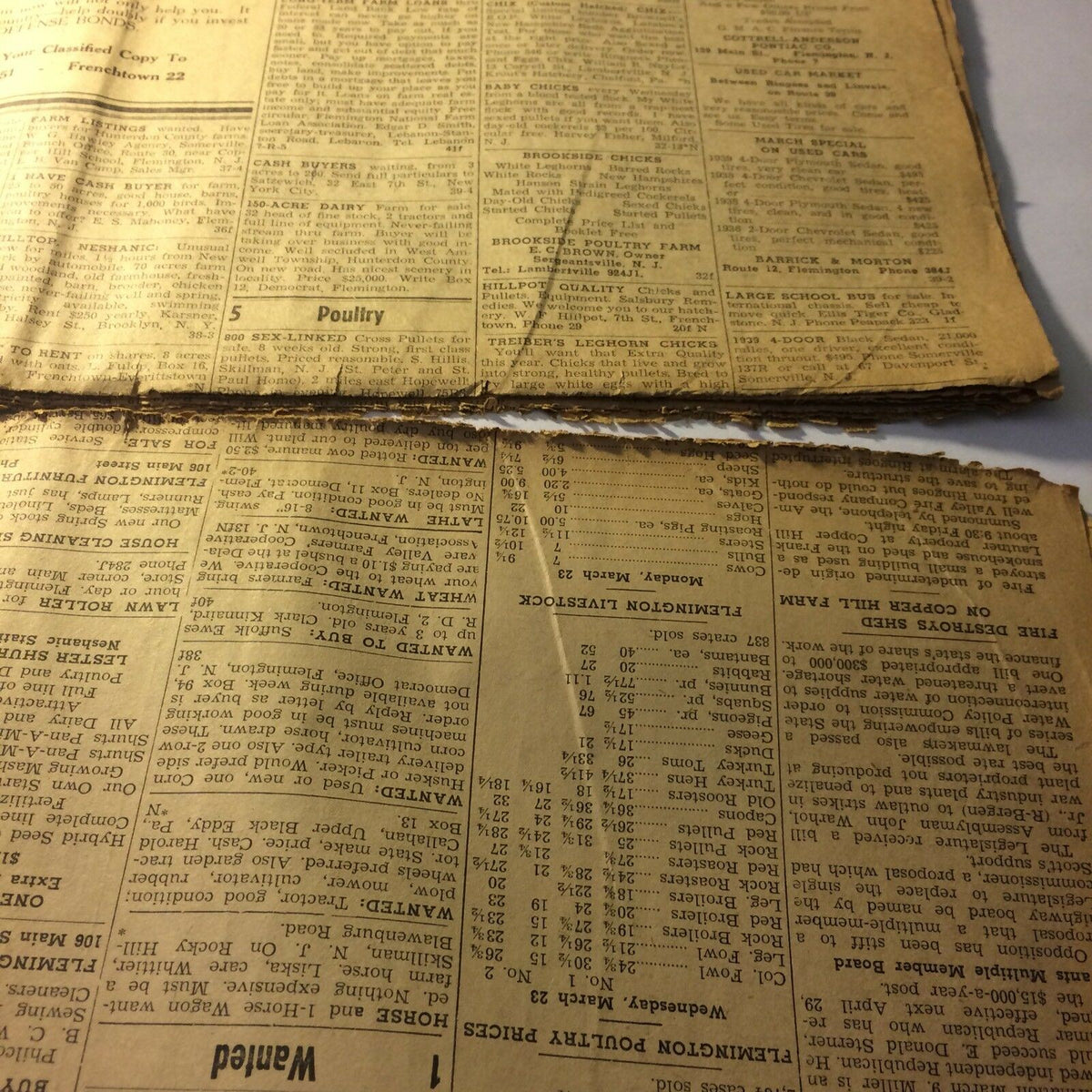 Hunterdon County Democrat NJ Archives, March 26, 1942 - a close-up view of a vintage newspaper classified section listing farm and livestock information.