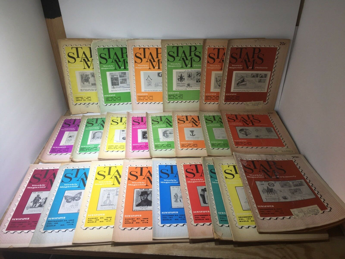 Lot of 23 Vintage HTF Stamps Weekly Magazines from 1966 displayed together, featuring colorful covers and varied designs, perfect for philately enthusiasts and collectors.