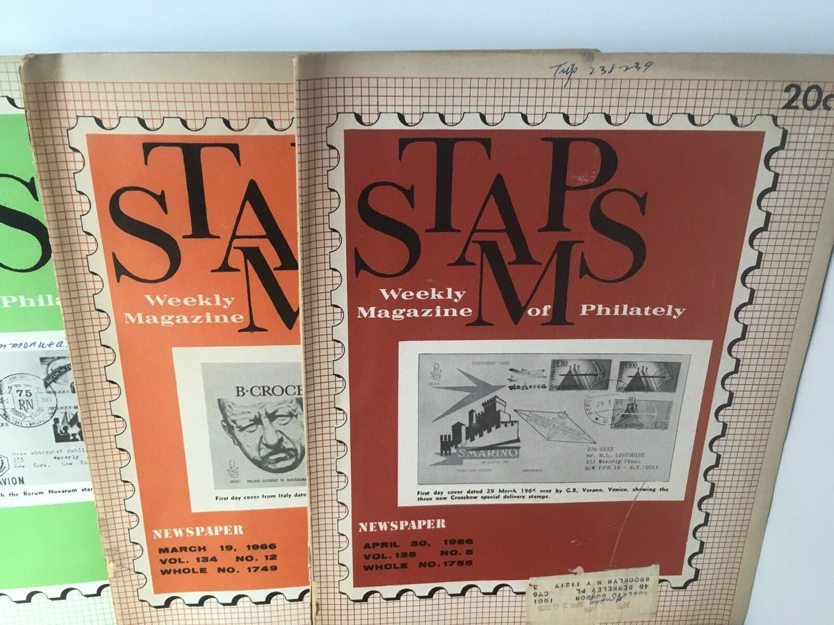 Lot of 23 Vintage HTF Stamps Weekly Magazines from 1966 featuring March to April issues, showcasing various stamp artworks and topics related to philately.