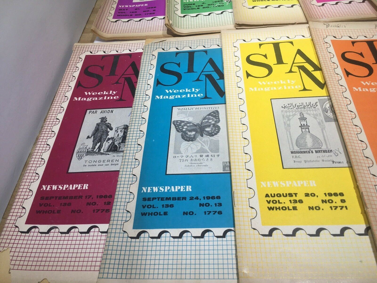 Lot of 23 Vintage HTF Stamps Weekly Magazines from 1966, featuring colorful covers with philatelic themes, showcasing editions from September 17, 1966, and September 24, 1966.