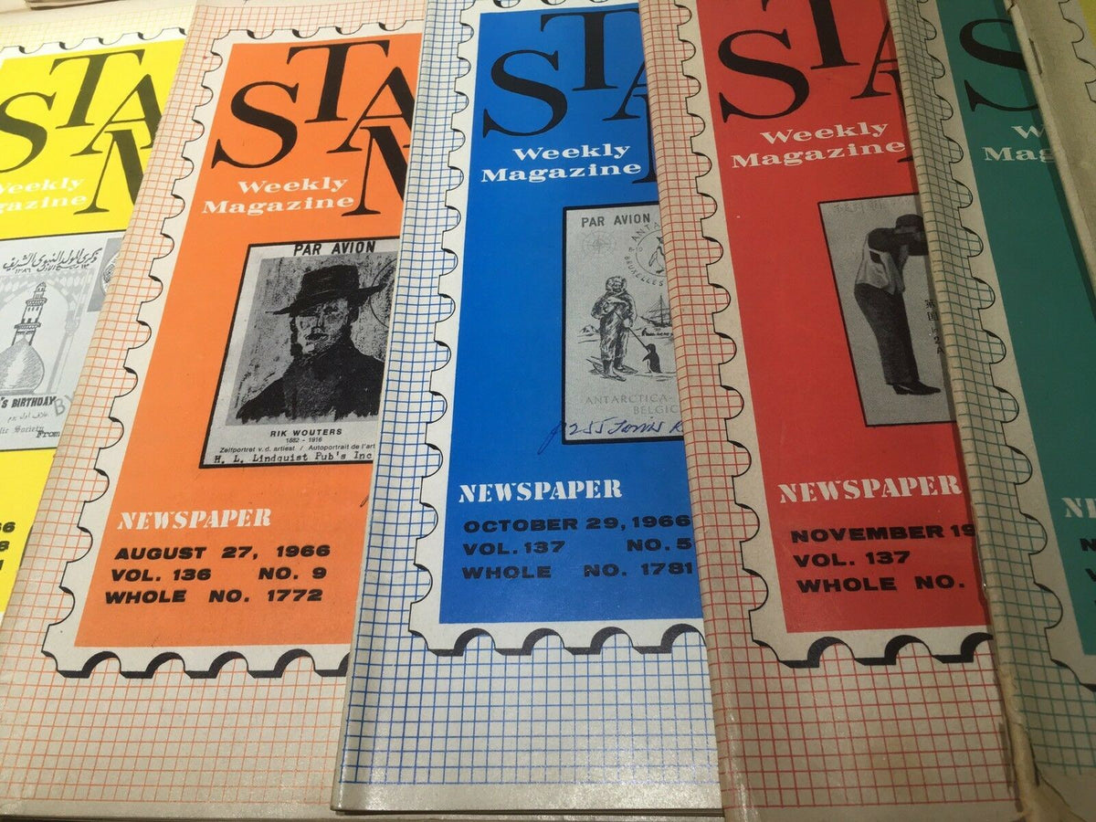 Lot of 23 Vintage HTF Stamps Weekly Magazines from 1966, highlighting issues from August 27, 1966, and October 29, 1966, with vibrant magazine covers depicting stamp images.