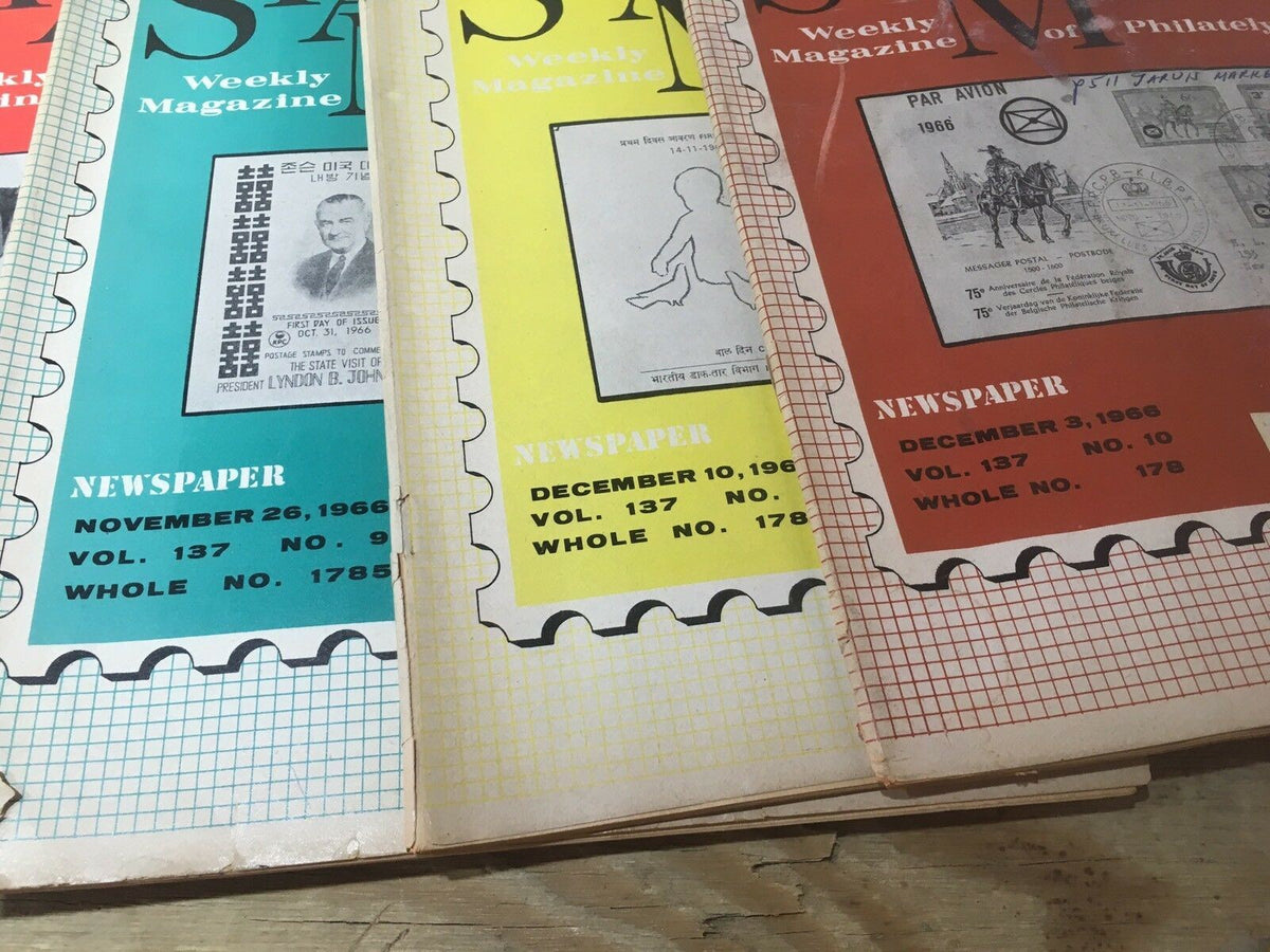 Lot of 23 Vintage HTF Stamps Weekly Magazines from 1966, displaying magazine covers from November 26, 1966, and December 10, 1966, each featuring unique philately-related graphics.