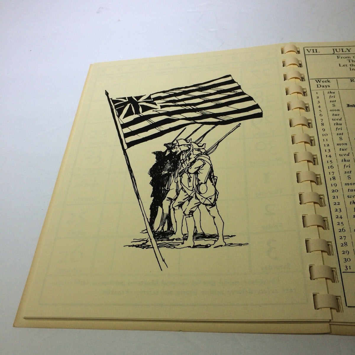 Illustration from the Vintage 1976 Williamsburg Calendar & Almanack showing colonial soldiers with a flag, symbolizing historical significance and artistic creativity in this collectible magazine.