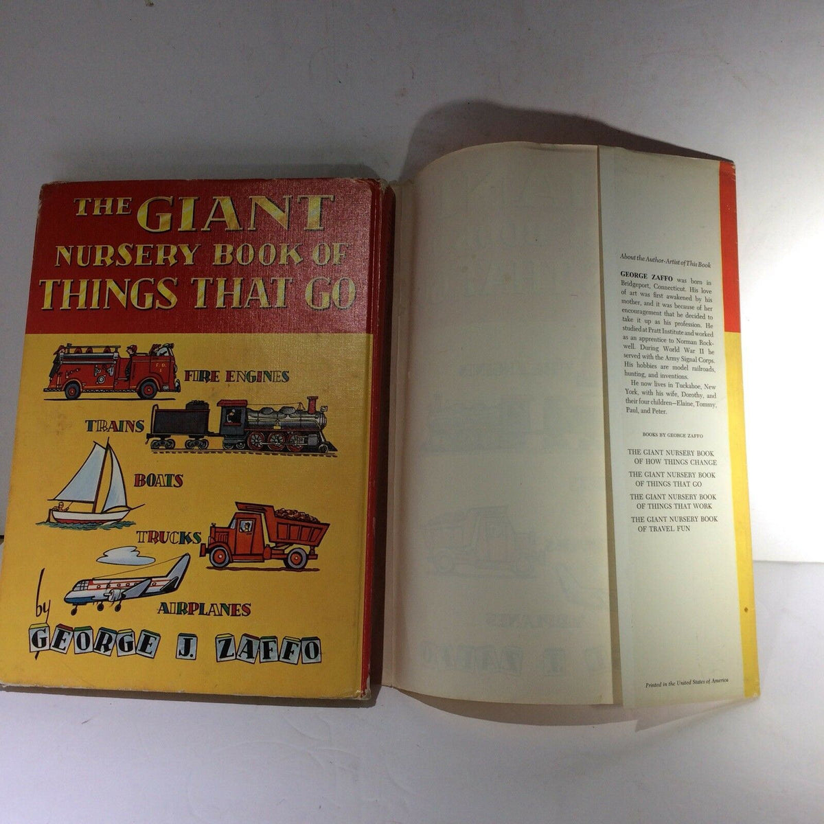 Cover and inside view of The Giant Nursery Book of Things That Go by George Zaffo, featuring vibrant illustrations and a dust jacket design from 1959.