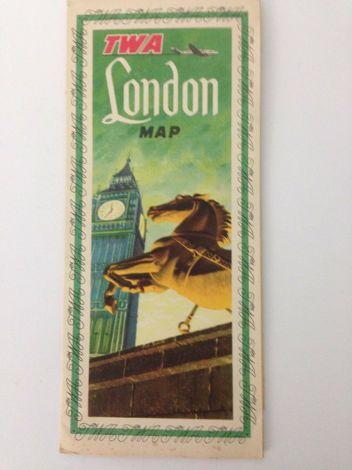 Vintage 1953 TWA Trans World Airlines Illustrated City Map of London, England featuring iconic landmarks and vibrant illustrations.