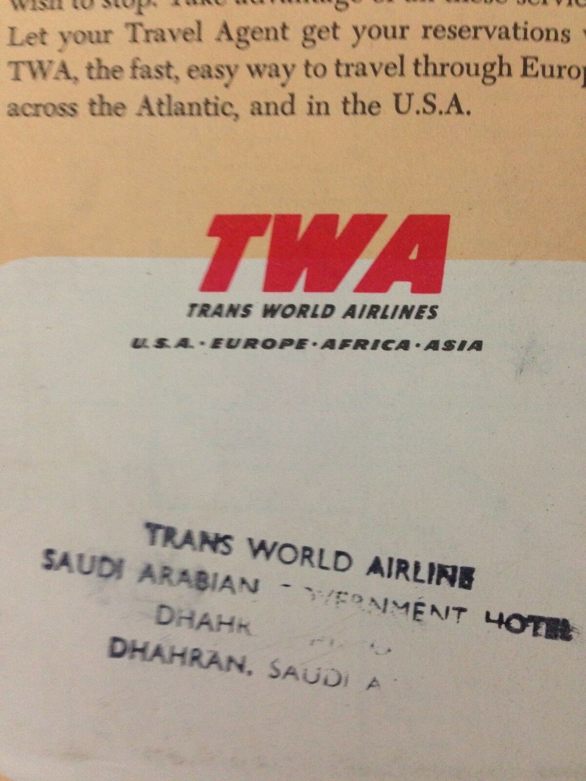 Vintage 1953 TWA Trans World Airlines illustrated city map of London, England, featuring the TWA logo and informational text about travel services.