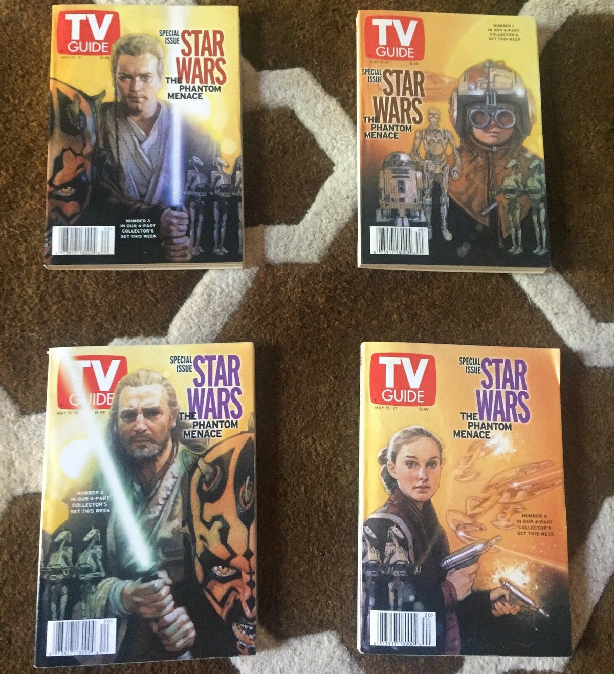 TV GUIDE 4 Magazine Lot featuring Star Wars: The Phantom Menace, with four distinctive covers showcasing key characters from the film, dated May 15 - 21, 1999. Collectible item for Star Wars fans and vintage magazine collectors.