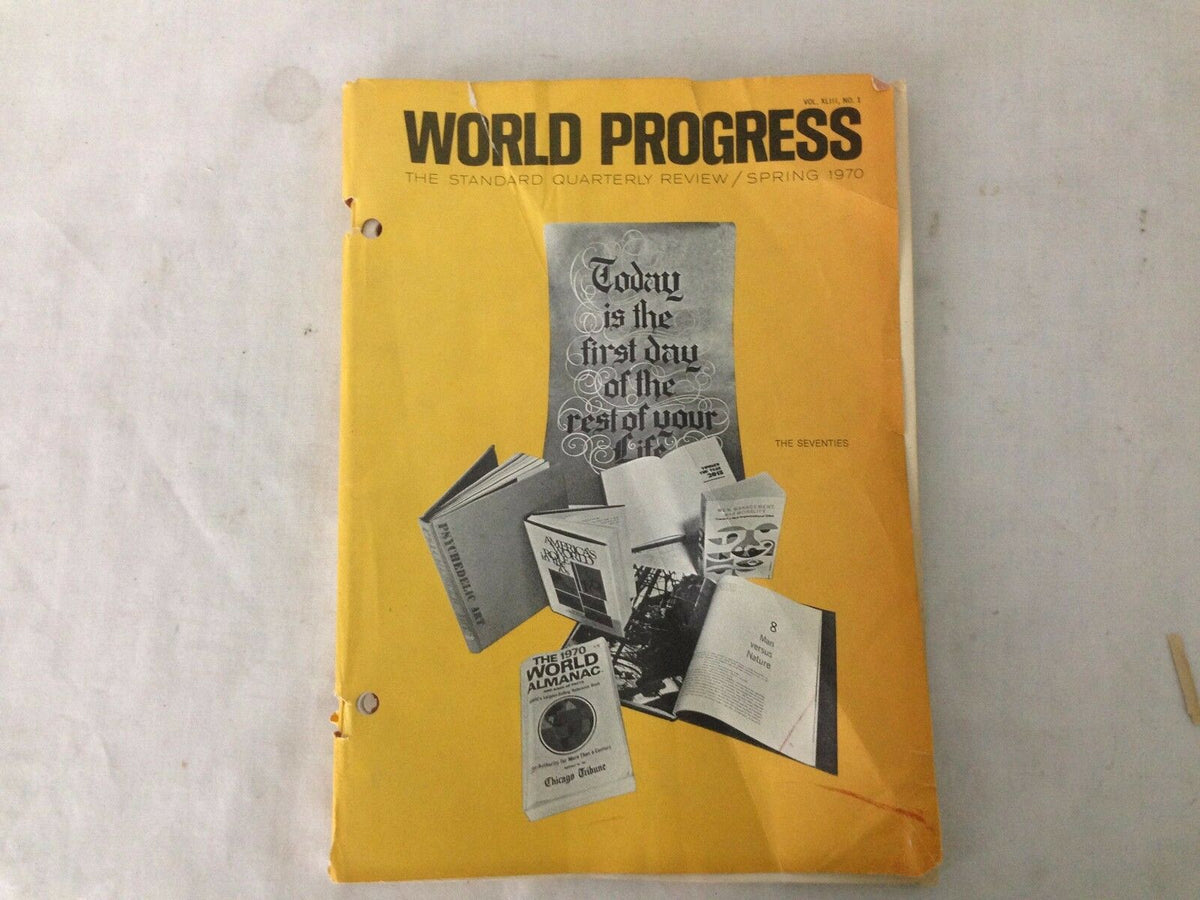 Cover of World Progress Quarterly Magazine, Spring 1970, featuring notable headlines and imagery representing topics such as Vietnam, Mormon and Jewish communities, and atomic research. The magazine showcases a vibrant yellow design, capturing the spirit of the 1970s.