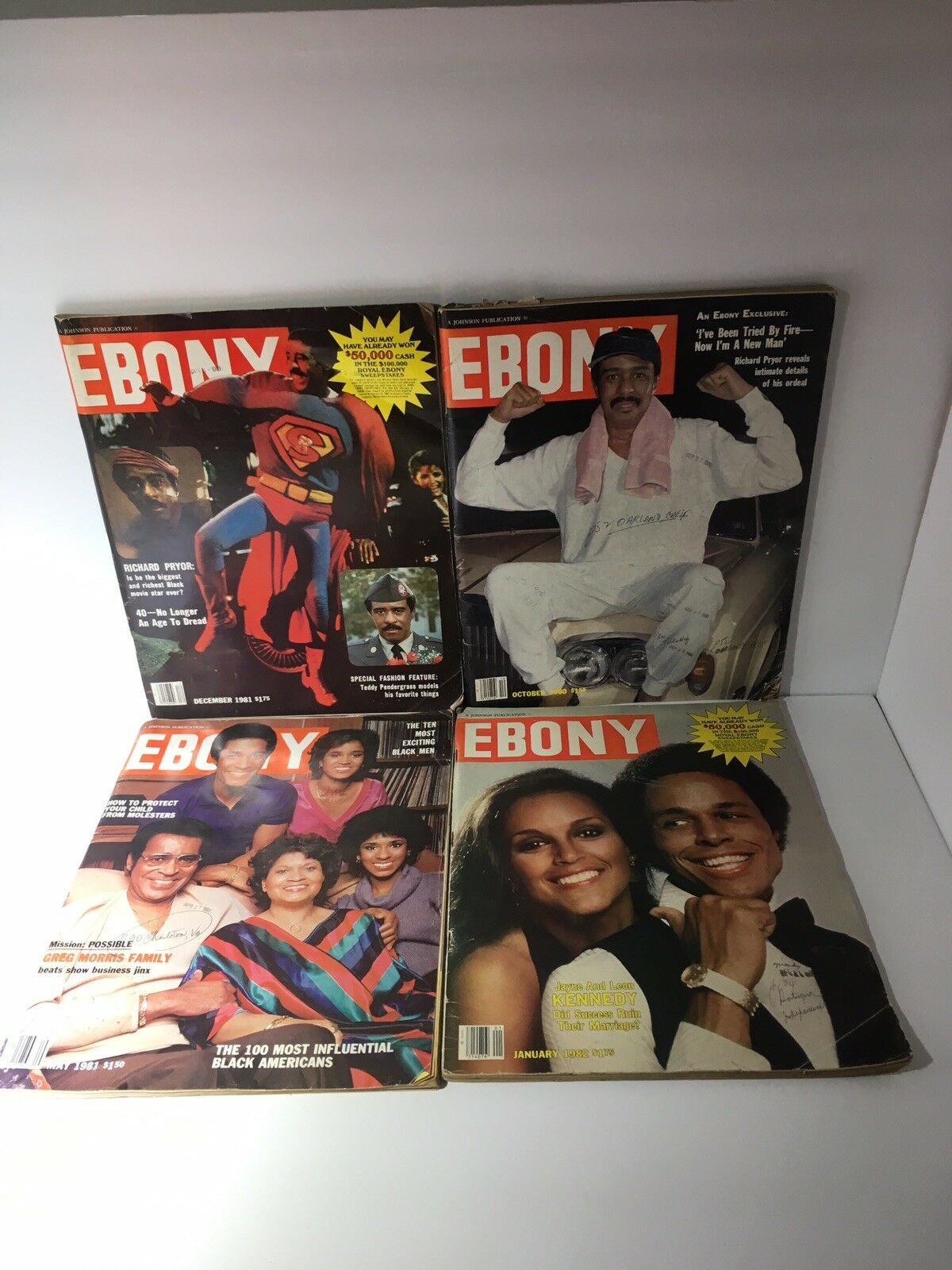 Vintage Ebony Magazine Lot of 4 featuring iconic African American celebrities from the 1980s, showcasing rich cultural history and notable personalities.