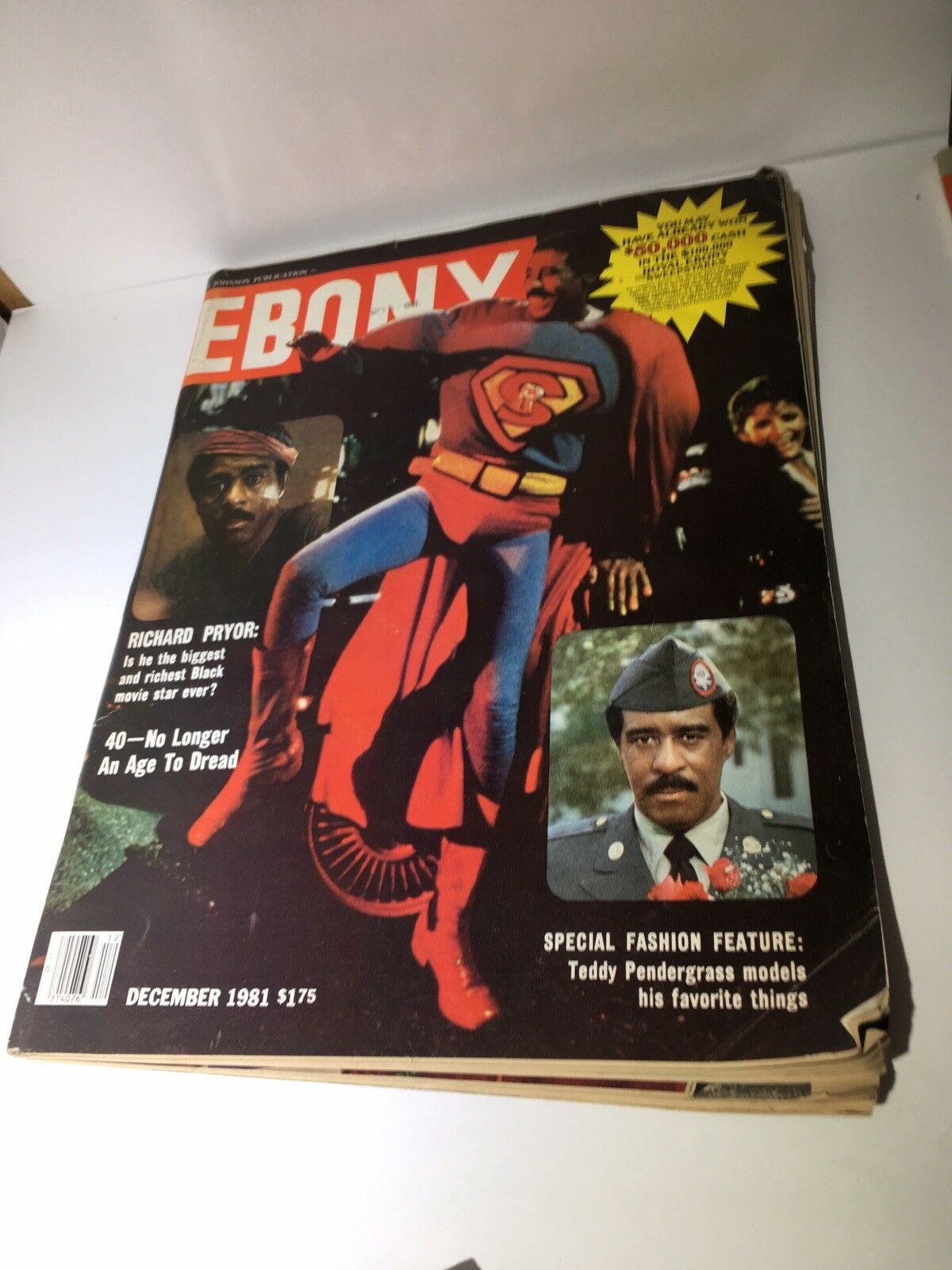 Close-up of December 1981 Vintage Ebony Magazine cover with Richard Pryor dressed as a superhero, highlighting influential Black figures and cultural themes.