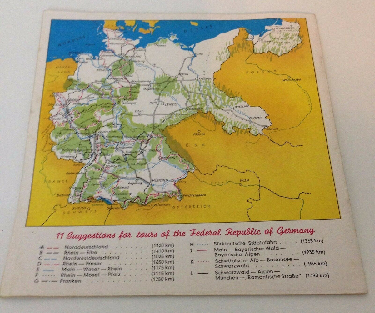 Vintage 1950s GUIDE BOOKLET TO MOTORING IN GERMANY featuring a detailed map with suggested driving routes across the Federal Republic of Germany, highlighting distances to various regions.