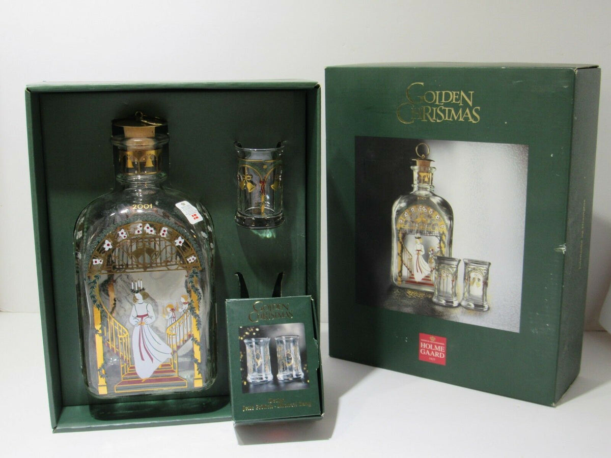 Holmegaard CHRISTMAS Juleflaske Decanter Bottle & Dram Glasses Denmark displayed in open box, showcasing the elegant glassware and unique design.