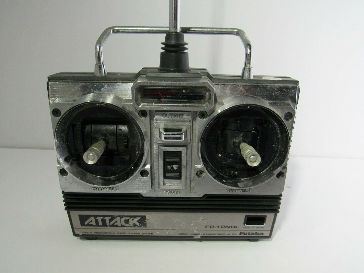 Futaba Attack-R FP-T2NBR Remote Control RC Controller close-up view highlighting the control sticks and power button.