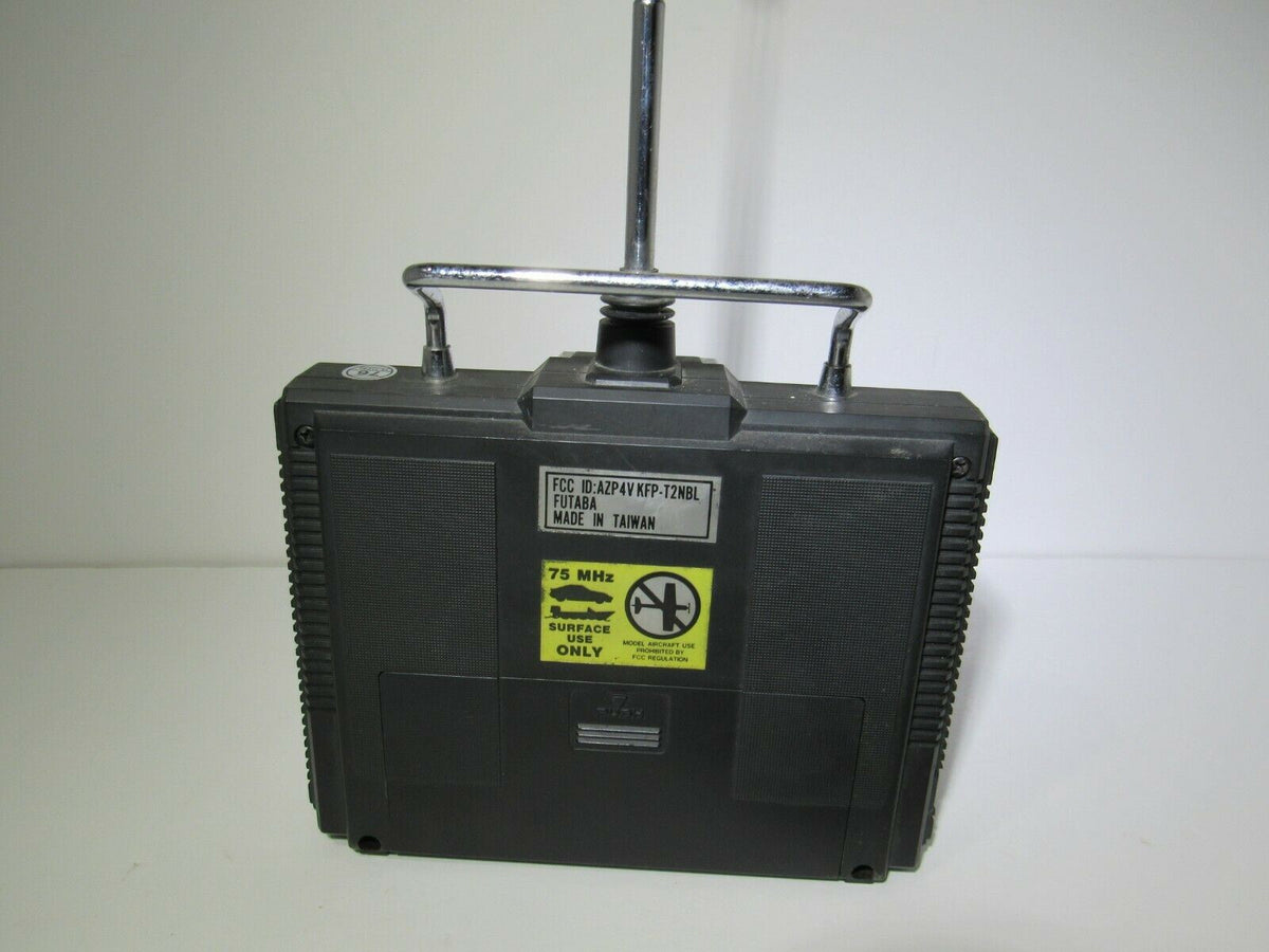 Back view of the Futaba Attack-R FP-T2NBR Remote Control RC Controller displaying the 75 MHz frequency label and manufacturing details.