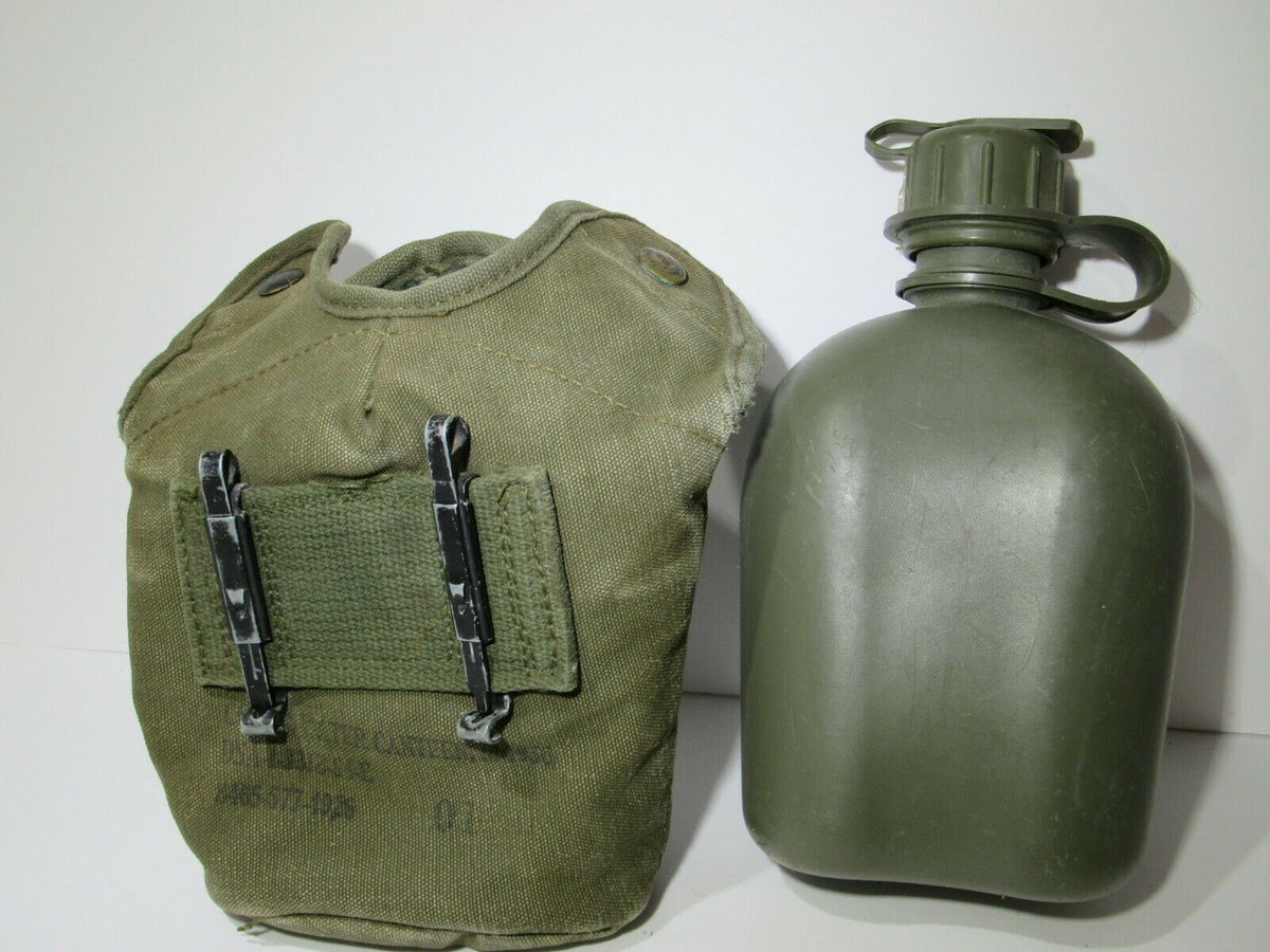 Vintage US Military Issue Vietnam Style War Era Canteen with Nylon Cover, including a close-up view of the durable nylon cover and canteen, showcasing its historical significance and collectible appeal.