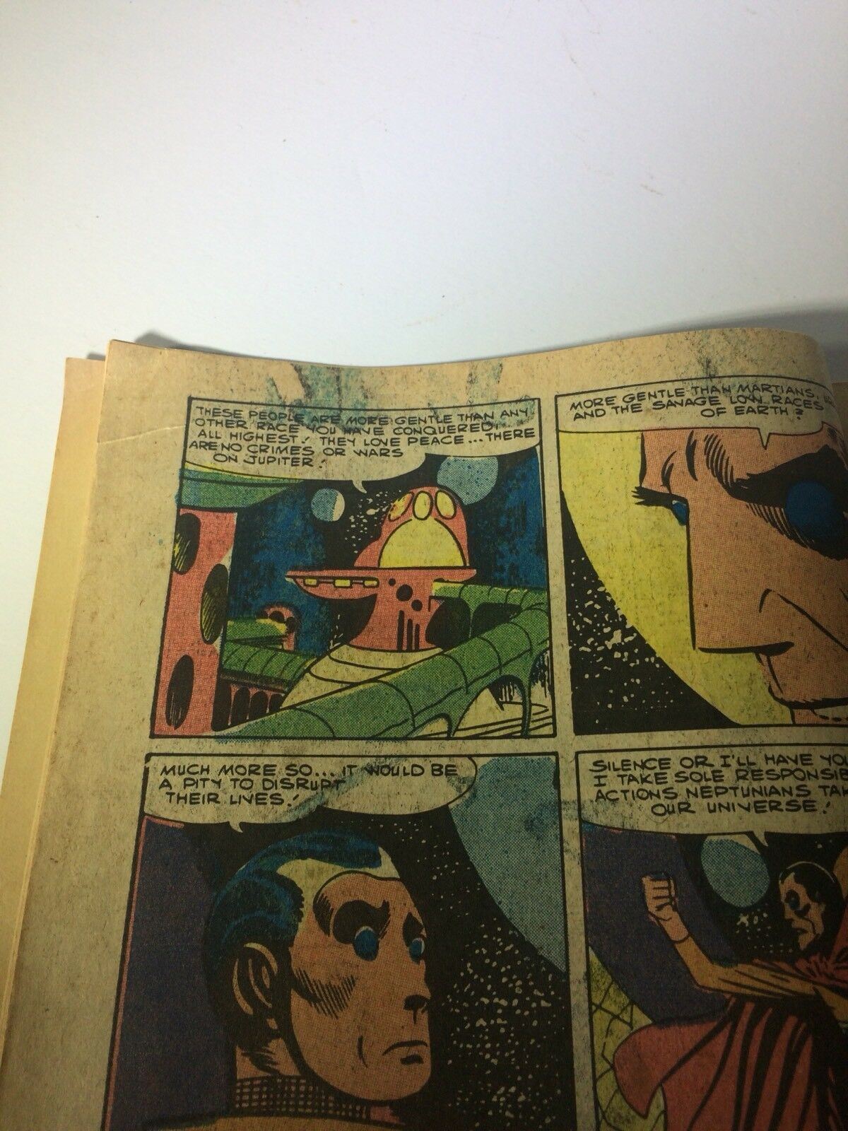 Interior page of Space War Comic Book #33 showcasing colorful panels with alien landscapes and engaging dialogue about gentler extraterrestrial beings.
