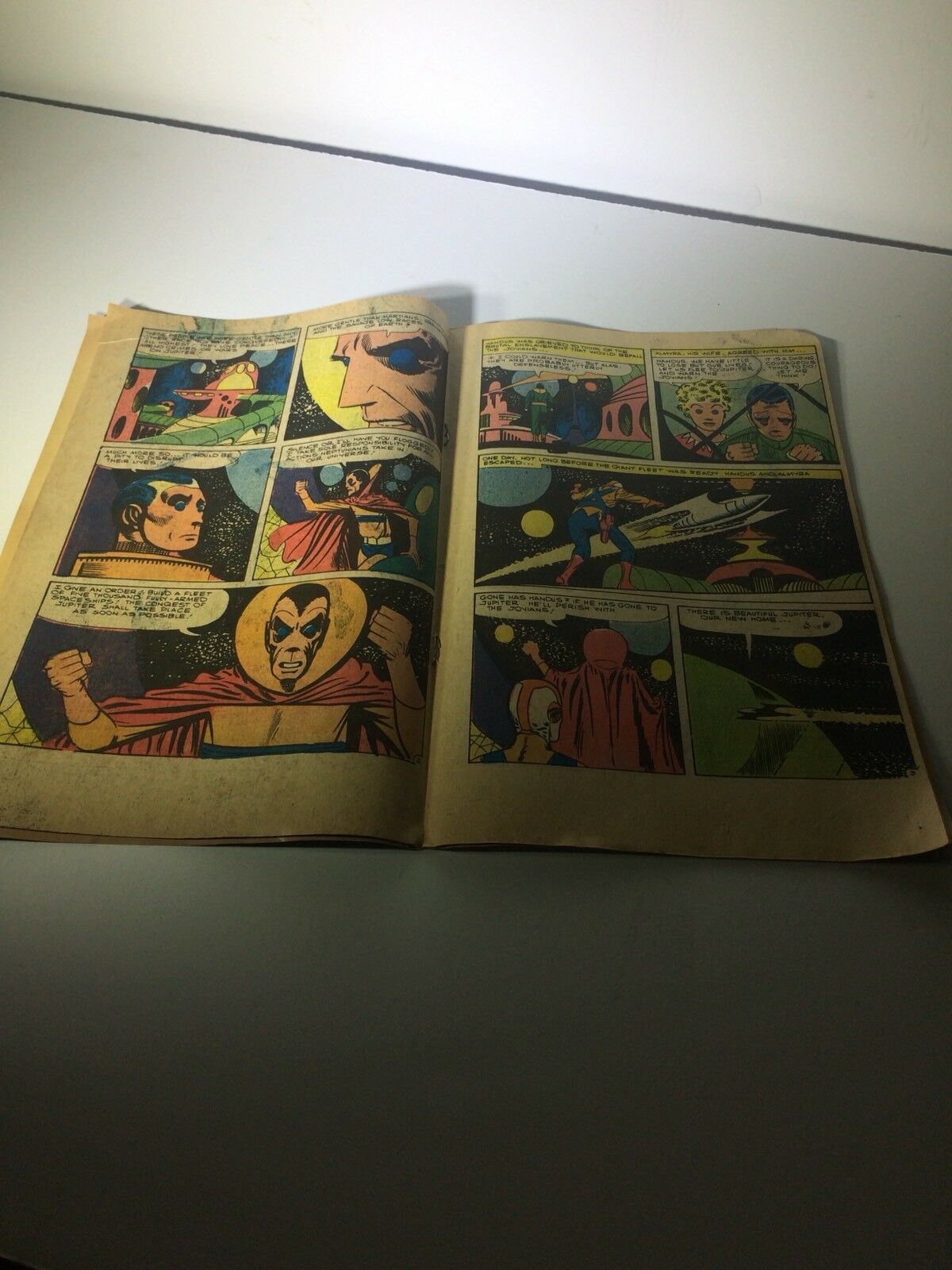 Two-page spread from Space War Comic Book #33 illustrating pivotal moments and characters in a classic sci-fi dialogue and action style.