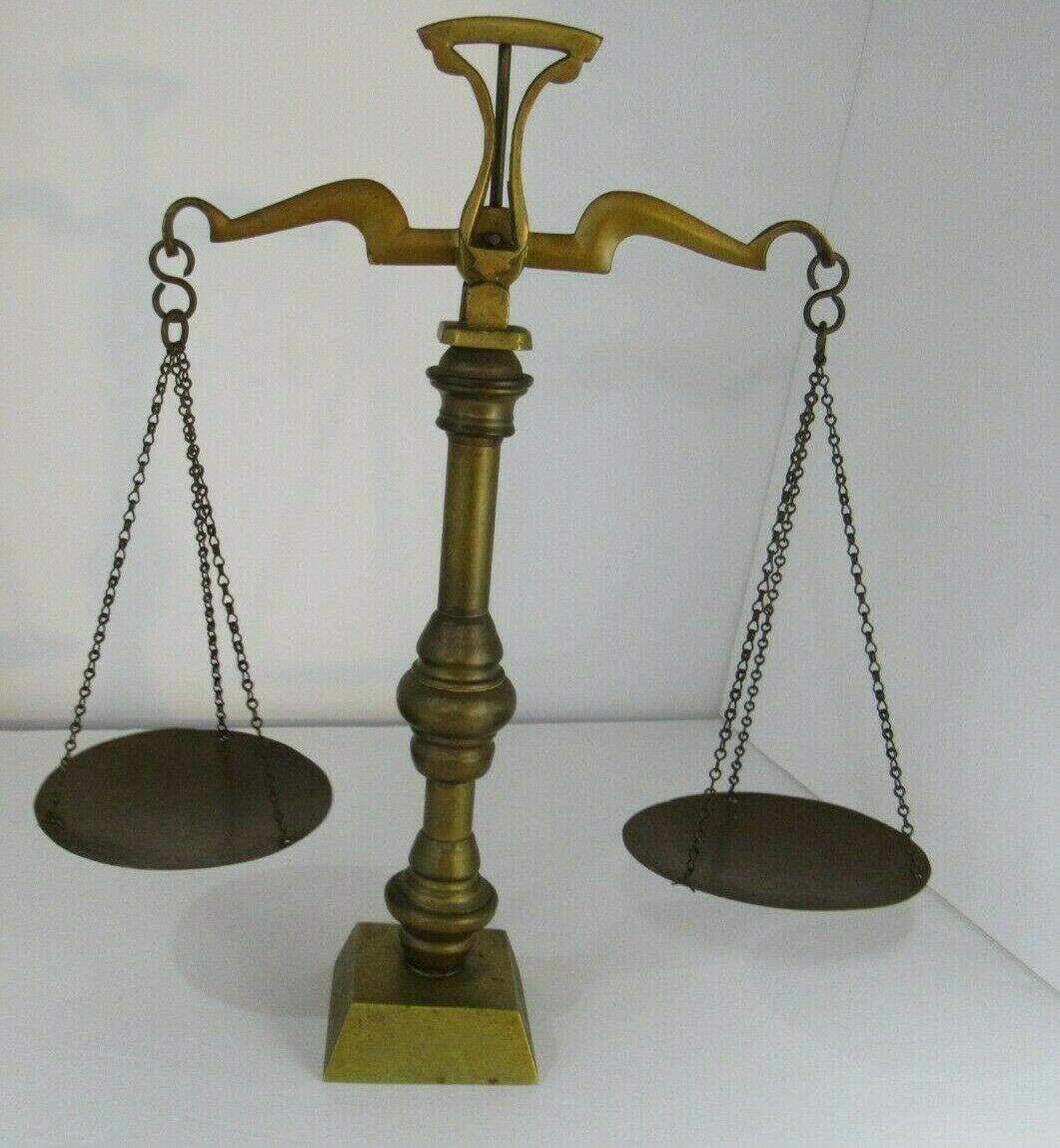 Vintage Antique Brass Weight Scale Balance with two circular weighing pans, measuring 12 1/2" in height, ideal for vintage collectors.