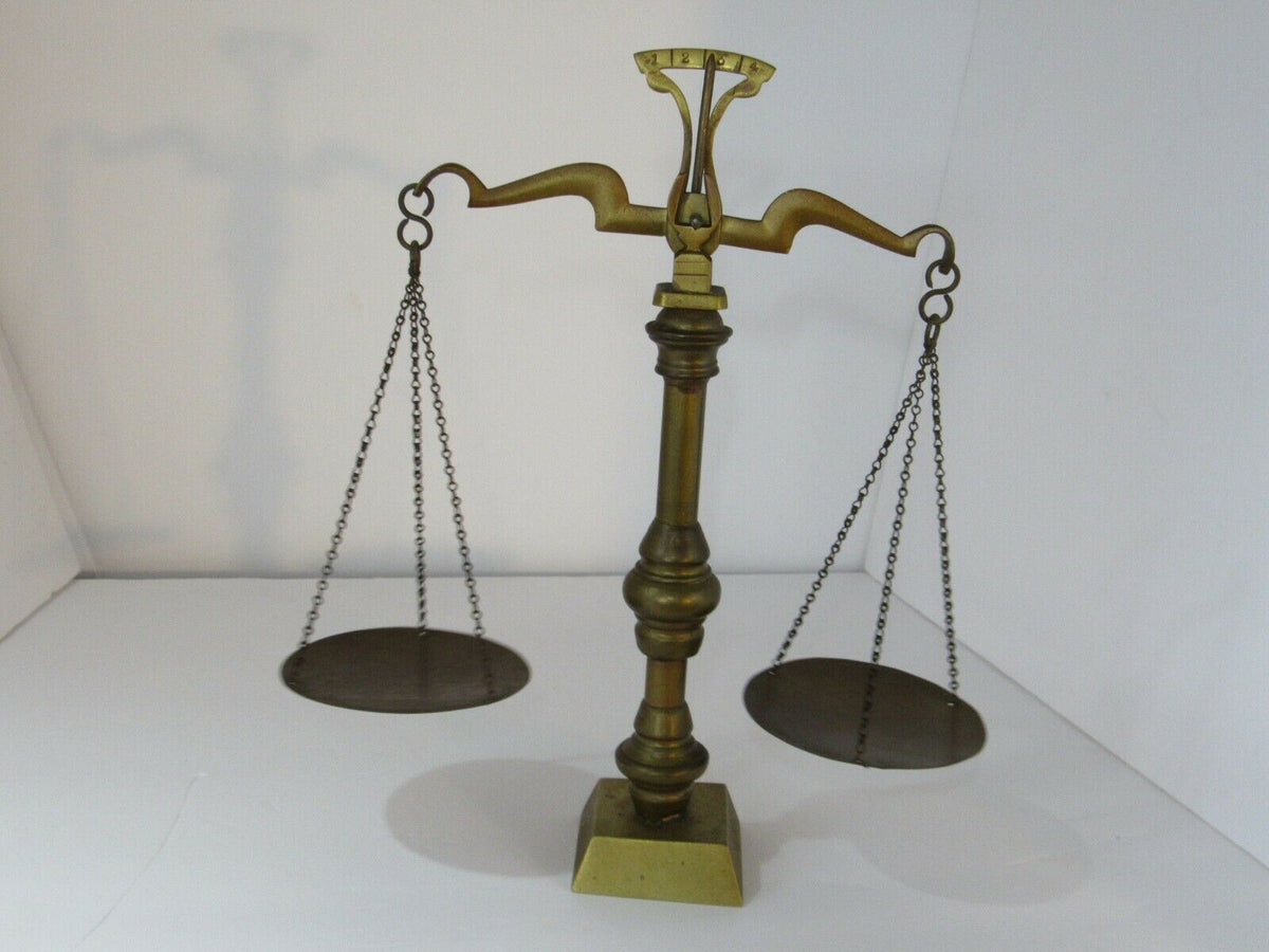 Vintage Antique Brass Weight Scale Balance showcasing its elegant design, standing 12 1/2 inches tall.