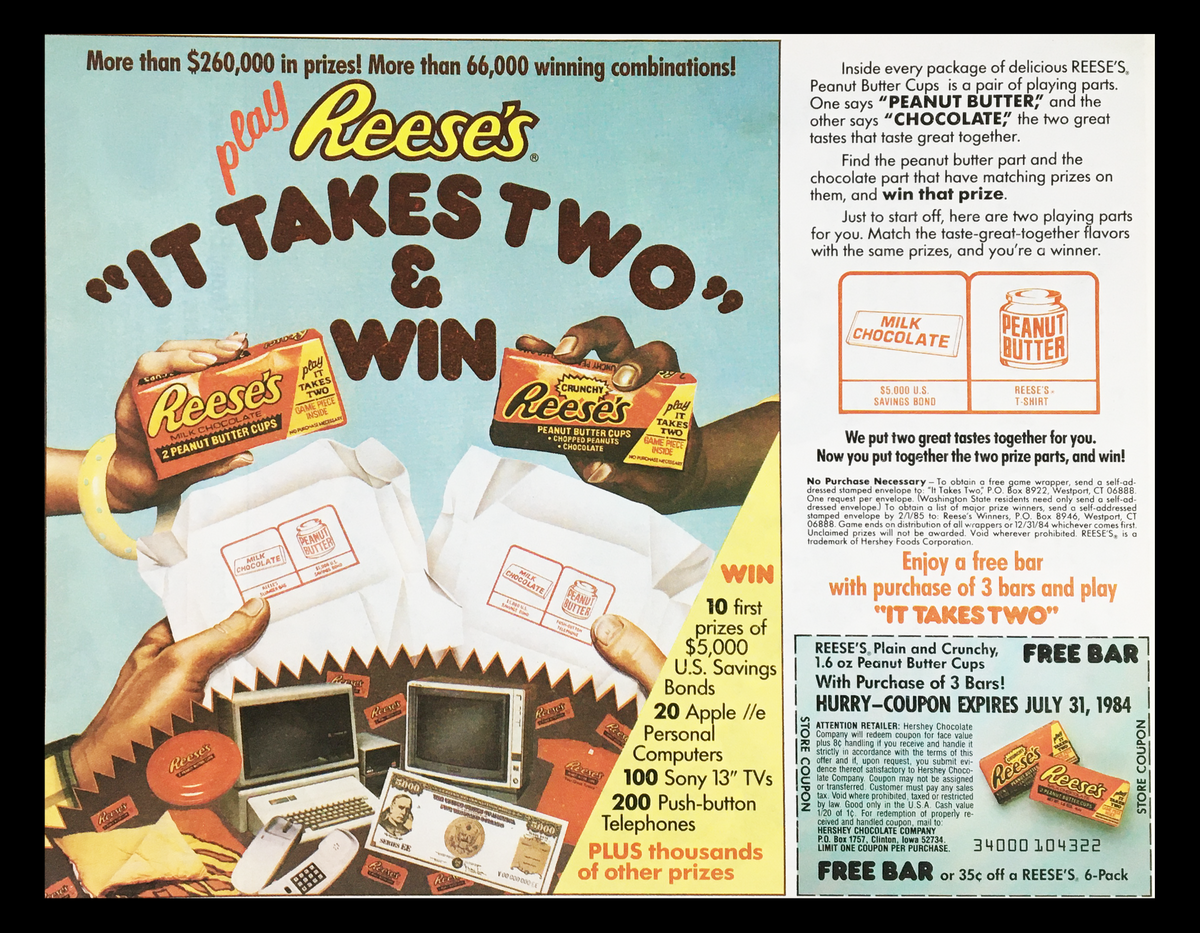 1984 Reese's Peanut Butter Chips Circular Coupon Advertisement showcasing a promotional offer including prizes and a chance to win. Features images of Reese's products with a vibrant design and the text 'It Takes Two to Win'.