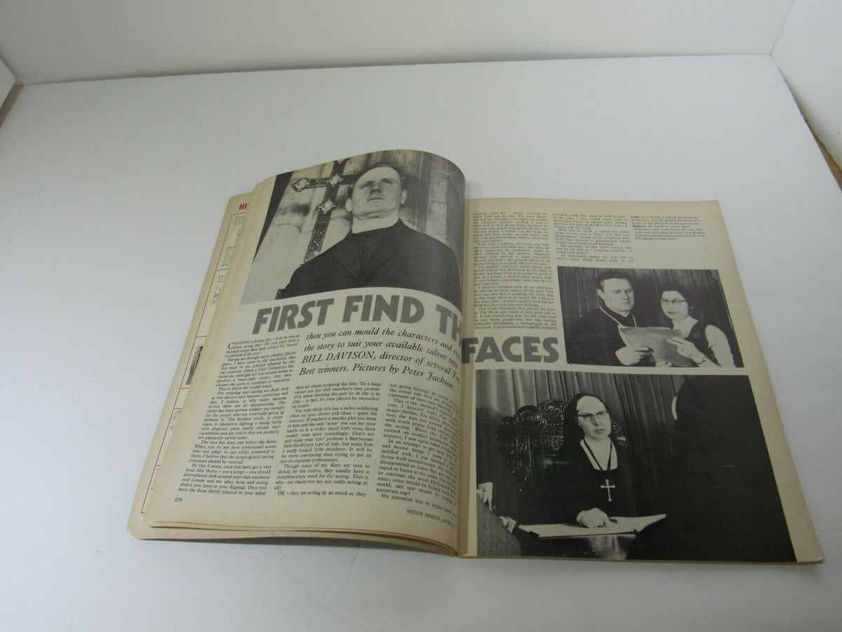 Inside pages of MOVIE MAKER Magazine April 1973 showcasing an article titled 'First Find The Faces' by Bill Davison, with images and text related to film characters and talent.