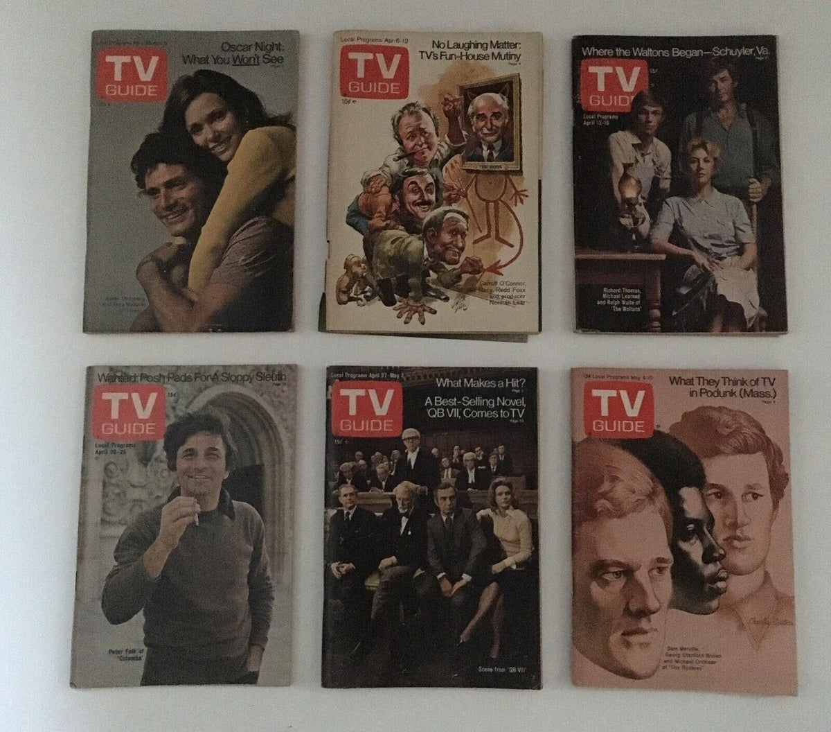 Complete Year Of TV Guide Magazines 1974 displaying six magazine covers discussing various TV topics including behind-the-scenes stories and viewer opinions. These magazines reflect the entertainment landscape of the 1970s.
