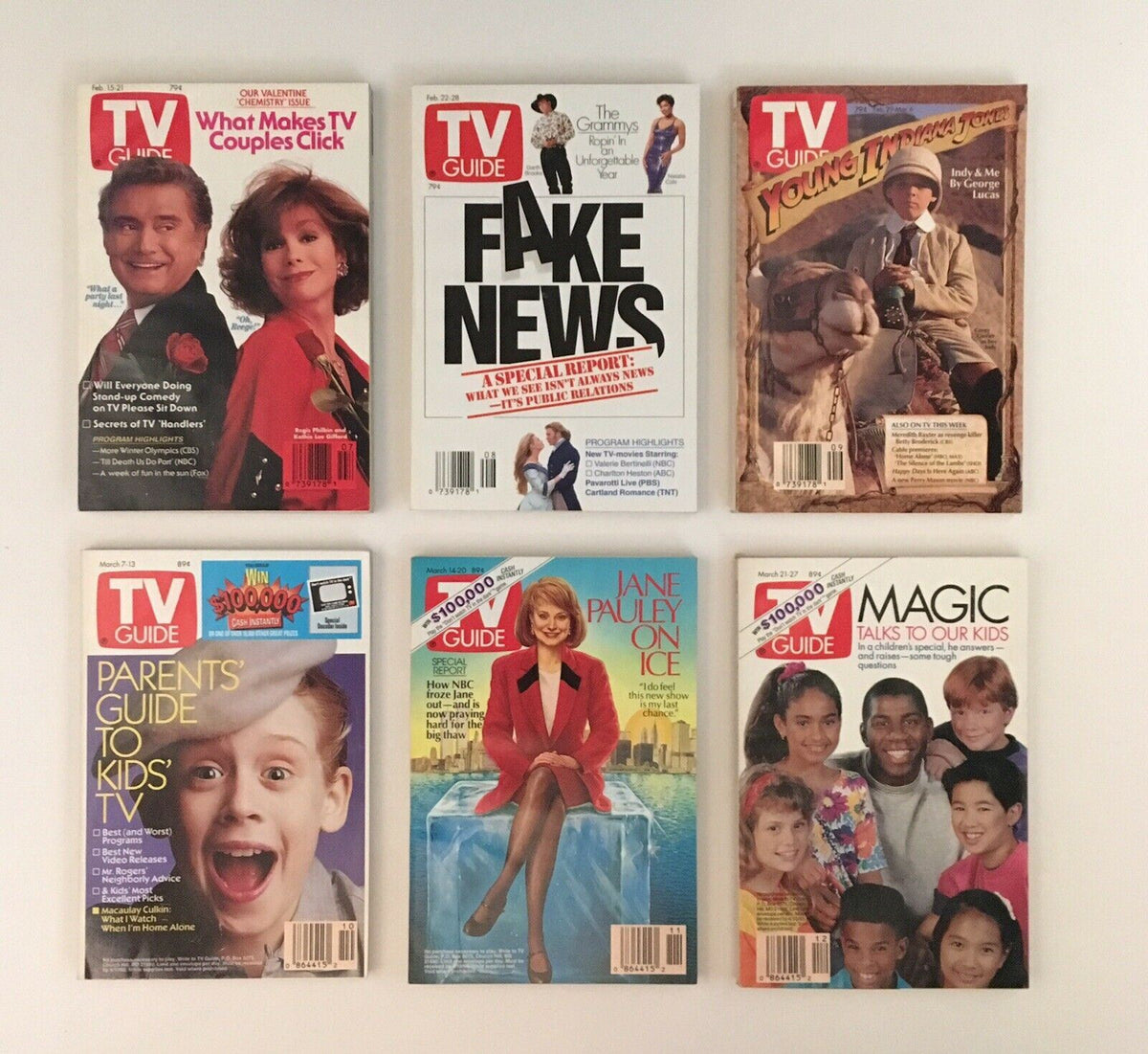 Collection of six TV Guide magazines from 1992, featuring cover stories like 'What Makes TV Couples Click,' 'Fake News,' 'Young Indiana Jones,' 'Parents' Guide to Kids' TV,' 'Jane Pauley on Ice,' and 'Magic Talks to Our Kids.' These magazines are part of the complete 52 issue set.