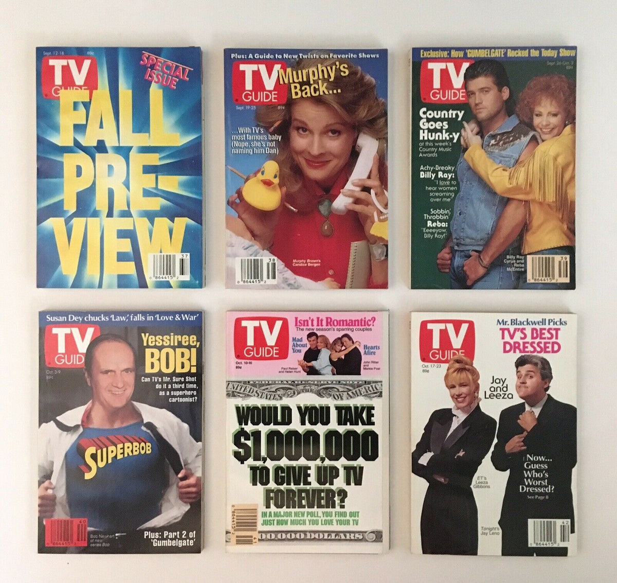 TV Guide Magazines 1992 Complete Collection - Includes Fall Preview Special Issue and covers with famous personalities like Murphy Brown and Billy Ray Cyrus from the Country Music Awards.