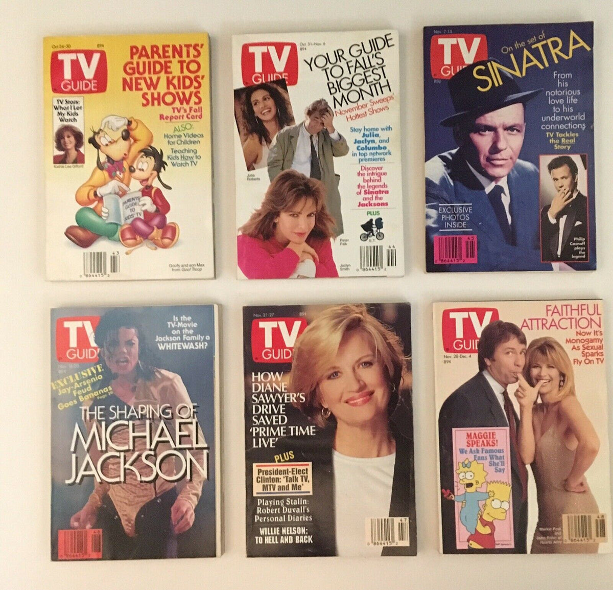 TV Guide Magazines 1992 Complete 52 Issues - Featuring covers of notable editions with iconic personalities, including covers highlighting new kids shows, Frank Sinatra, Michael Jackson, and Diane Sawyer.